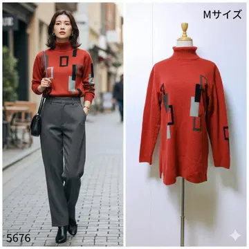 캐시미어 100% 터틀넥 니트 스웨터 기하학 패턴 레드 계열 긴팔