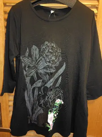 Fairy Style 꽃무늬 프린트 티셔츠 7부 소매 블랙