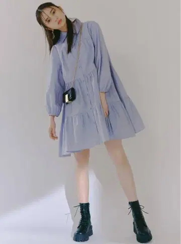 라이트 블루 셔츠 원피스 긴팔 티어드