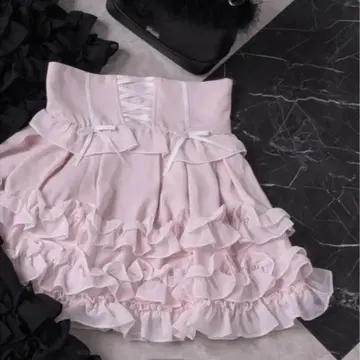 pium 코르셋 볼륨 프릴 스커트 핑크 리본 쉬폰