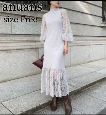anuans 스캘럽 레이스 도킹 니트 원피스 롱 프리