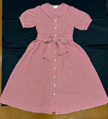 깅엄 리본 셔츠 원피스 빨간색 롱 반팔