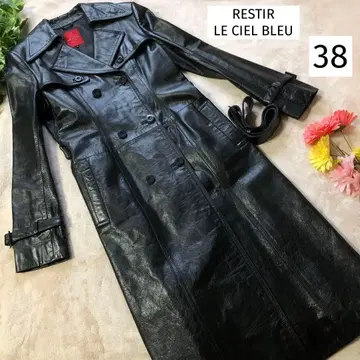 컨디션 최상 RESTIR 천연 가죽 가죽 코트 롱 벨트 포함 트렌치 블랙