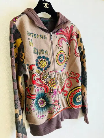 CUSTO Barcelona 컬러풀 꽃무늬 레오파드 후드티 비쥬 자수 M