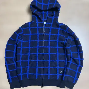 풀 집업 후드티 체크 블루 짧은 기장 archive y2k
