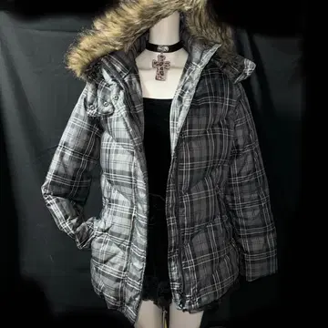 헤이세이 갸루 Y2K 그런지 퍼 다운 자켓 체크