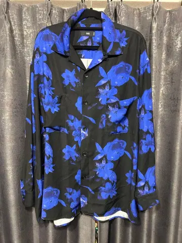 HARE 꽃무늬 긴팔 셔츠 블랙/파랑 오픈 카라 셔츠