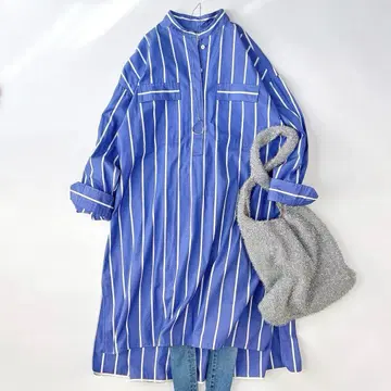 새상품급 티카 코튼 밴드 카라 롱 셔츠 원피스 스트라이프 블루