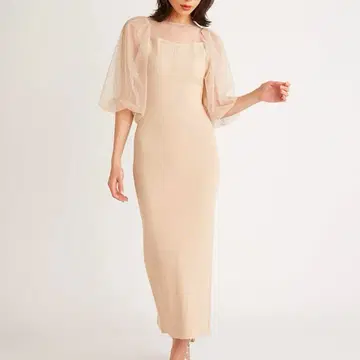 SNIDEL 베이지 쉬폰 퍼프 슬리브 롱 니트 원피스 7부 소매