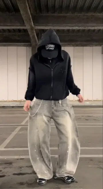 페인트 가공 그레이 와이드 팬츠