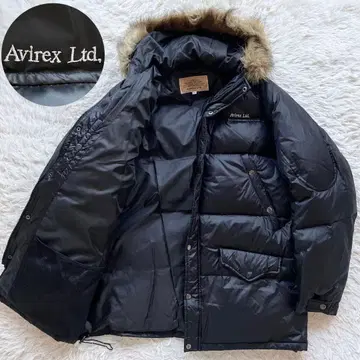 XL 사이즈 AVIREX 후데트 퍼 다운 코트 로고 자수 육후 블랙