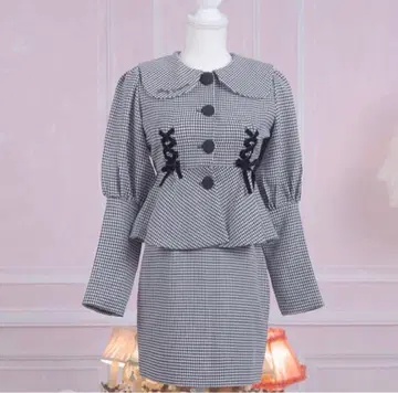 pium 레이스업 리본 상의 하운드투스 체크 미니 스커트 셋업