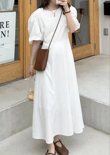 nugu 라운드넥 퍼프 롱 원피스