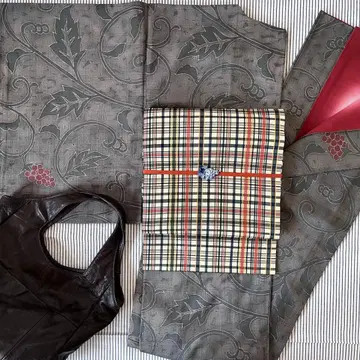 츠무기 기모노 염색 [포도당초] 그레이 계열 이중 기모노 순수 실크