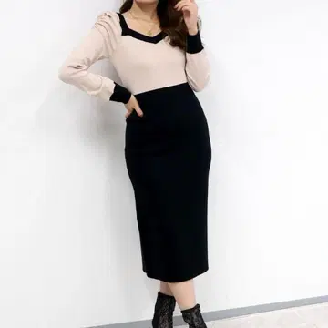 로열 파티 바이컬러 원피스 가을/겨울 아름다운 실루엣 블랙 깔끔한