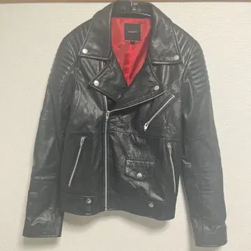 [  ] 천연 가죽 더블 라이더 자켓 블랙 안감 레드 사이즈 S