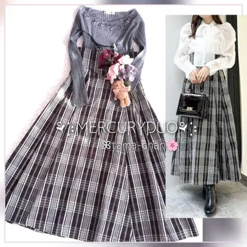 코르셋 체크 플레어 스커트 / 퍼플 x 화이트 체크