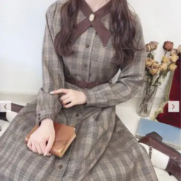 Fi.n.t 카메오 부착 크로스 보타이 체크 원피스