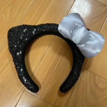 키티 머리띠 스팽글 블랙 실버 리본