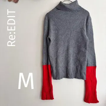 Re:EDIT 터틀넥 니트 M 사이즈 그레이 x 레드 소매 절개 디자인