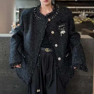 펄 장식 로우 엣지 트위드풍 자켓 D11433 DiKC