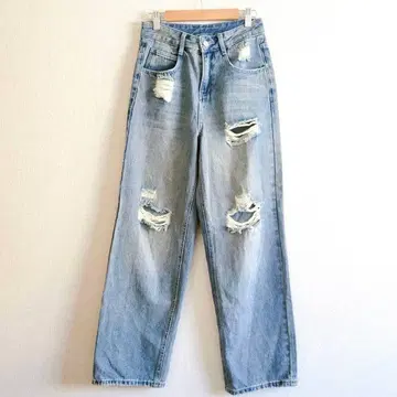 데이지 데님 팬츠 스트레이트 면 혼방 S 데미지 가공 하의 청바지