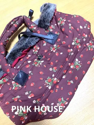 핑크하우스 스트로베리 패턴 버건디 퀼팅 토트백