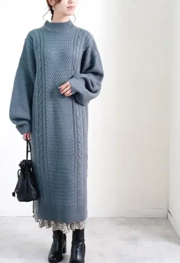 Fizz 볼륨 슬리브 하이넥 케이블 니트 원피스 가을/겨울