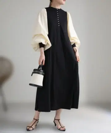 ap retro 벌룬 슬리브 롱 원피스 블랙 아이보리 가을/겨울