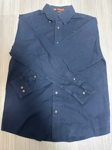 네이비 코튼 혼방 긴팔 셔츠