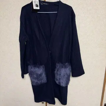 미사용품 네이비 플리스 롱 코트 포켓 부착
