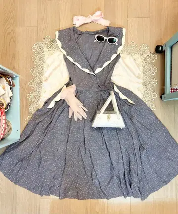 1950s 카스리 패턴 스캘럽 디자인 개더 서큘러 원피스 구제 의류