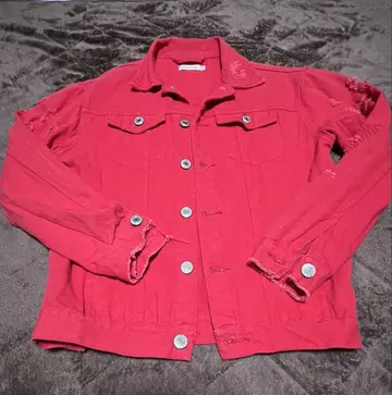 레드 빨간색 L 데미지 데님 자켓