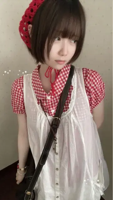 빨간색 깅엄 체크 블라우스 에이프런 튜닉 바부슈카 3종 세트