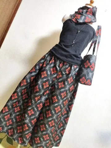 1799 기모노 리메이크 오시마 명주 가우초 팬츠 & 숄더 백 + 스톨