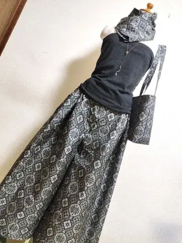 1800 기모노 리메이크 오시마 명주 가우초 팬츠 & 숄더 백 + 스톨