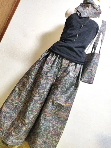 1801 기모노 리메이크 오시마 명주 가우초 팬츠 & 숄더 백 + 스톨