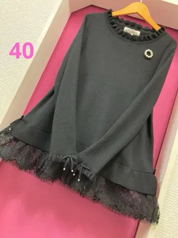 슈퍼 뷰티 밑단 레이스 리본이 귀여운 라메 믹스 부드러운 니트 튜닉