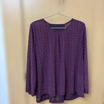 Elegance 그레이 핑크 기하학 패턴 긴팔 블라우스 M-L