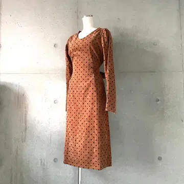 택 포함 새상품 허리 턱 코듀로이 도트 원피스 퍼프 슬리브 브라운 M