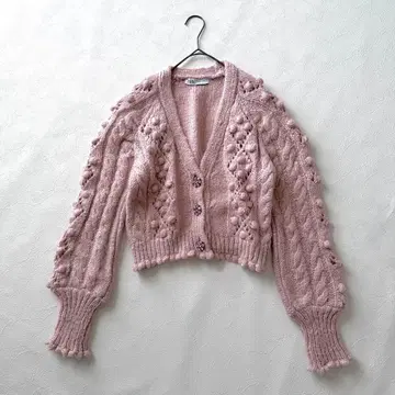 ZARA 케이블 니트 가디건 보송보송 비쥬 버튼 핑크 S