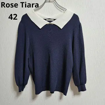 빅 사이즈 42 Rose Tiara 네이비 카라 부착 니트 로즈 티아라