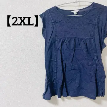 [ 2XL ] 자수 네이비 슬리브리스 블라우스