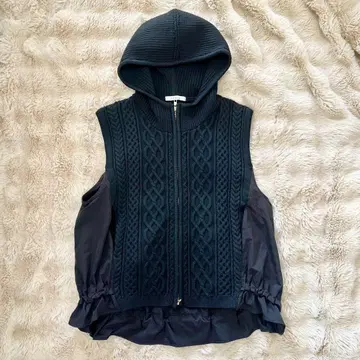 trois 케이블 니트 후드 베스트 베스트 후드티 블랙 프리