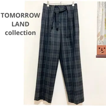 새상품급 울 실크 와이드 팬츠 그레이 체크 무늬 TOMORROWLAND