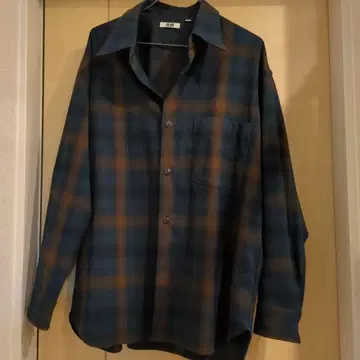 UNIQLO U 긴팔 플란넬 셔츠 L 다크 블루/오렌지 체크
