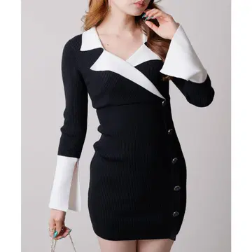 LIPSERVICE 바이컬러 클래시컬 버튼 리브 원피스