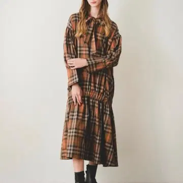 pinue 보타이 개더헴 원피스 체크 M