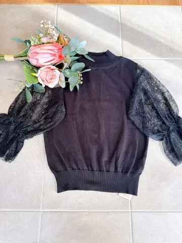 루샤네 소매 레이스 니트 블랙