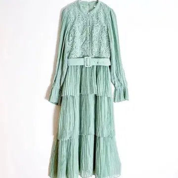 estella.K 플리츠 레이스 원피스 민트 그린 벨트 포함